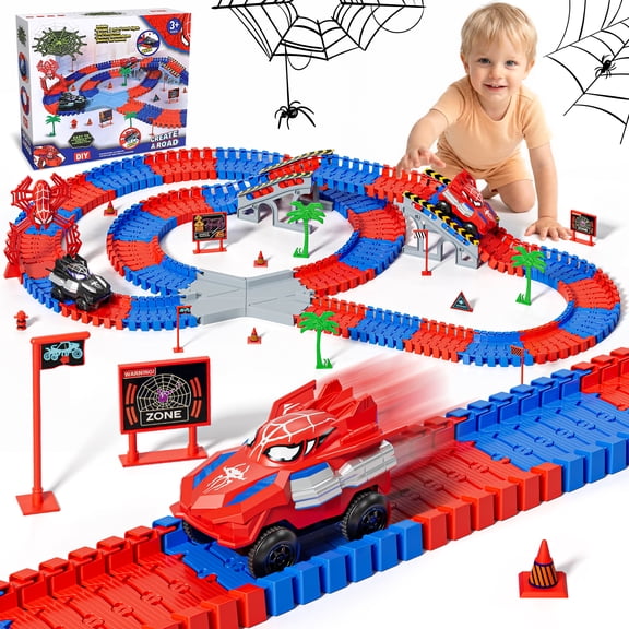 Race Car Track Set, Spider Toys for Boys 3-5, 212 PCS Race Track for Boys with 2 Spider Cars Toys, Car Race Track for Toddlers 3 4 5 6 Years Old, Mini Monster Truck for Boys Girls Birthday Gifts