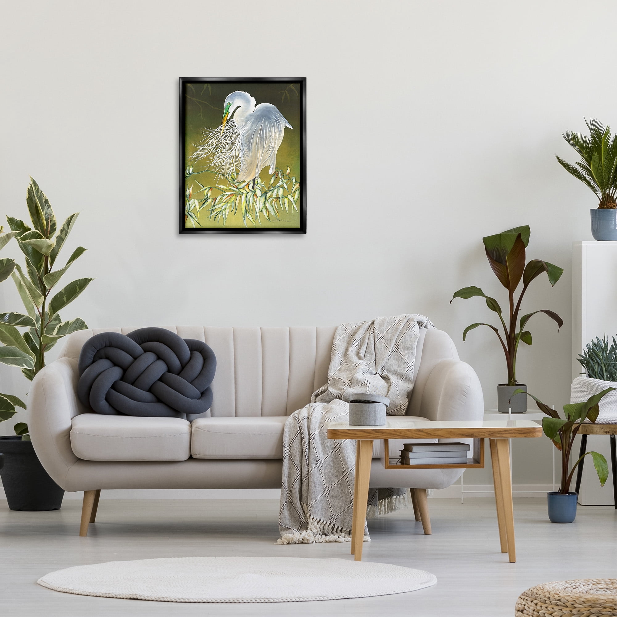 Stupell Industries Elegant Egret Bird Animals & Insects Painting Black Floater Framed Canvas Art Print Wall Art, 25 x 31