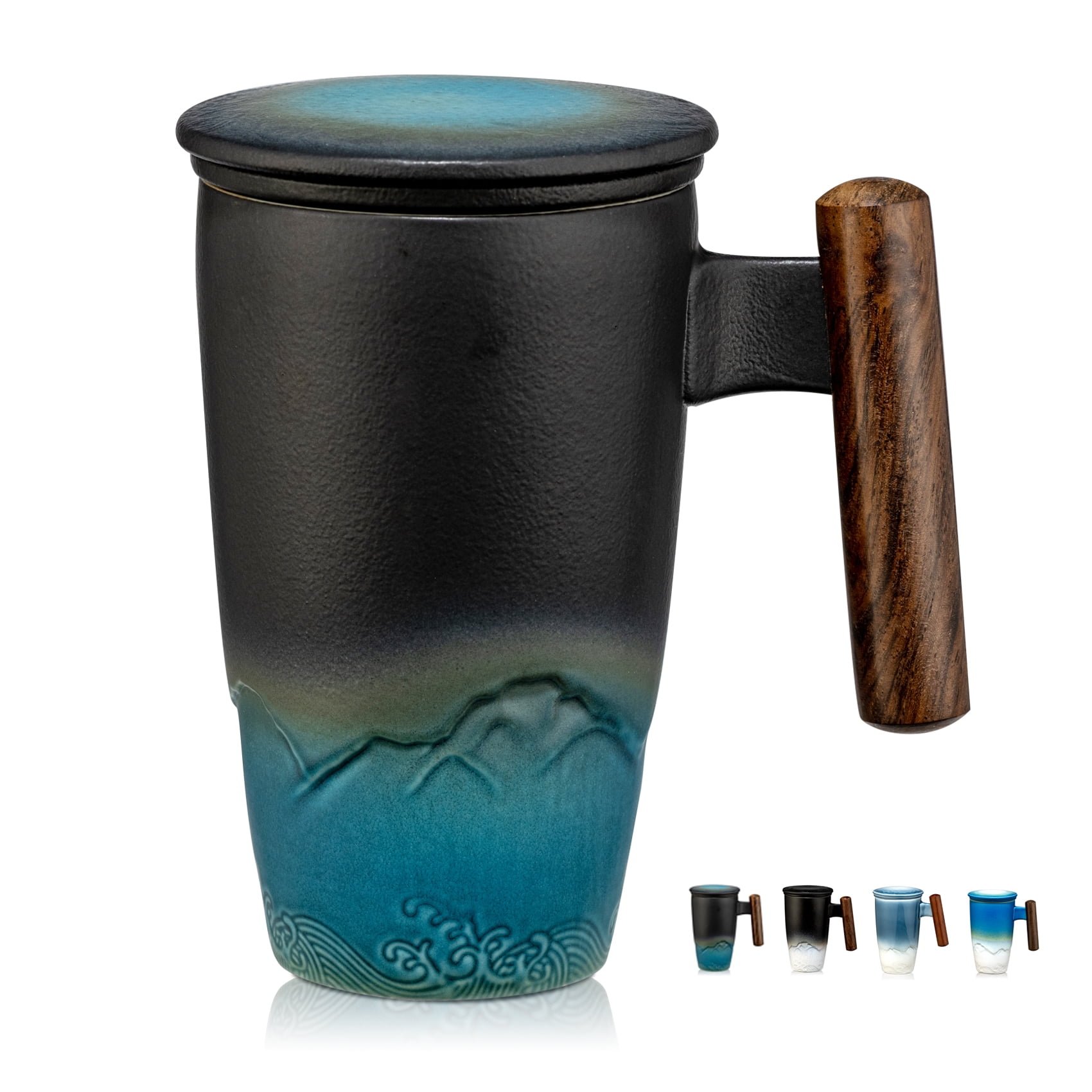 Ceramic Tea Cup with Infuser and Lid Tea Mugs Wooden Handle 400ml/13.5oz Black cyan