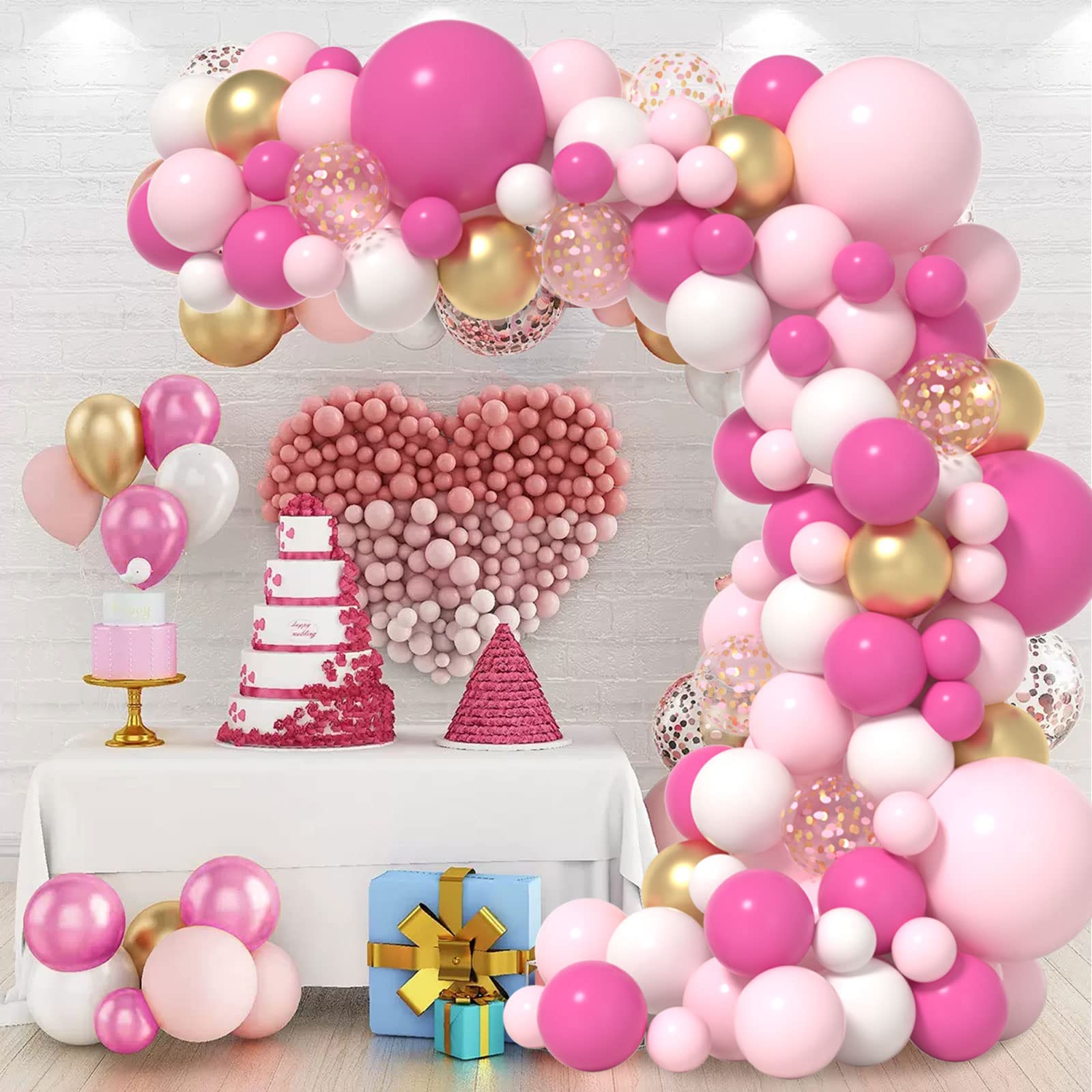 Janinus Pink Balloons Garland Arch Kit KKS1&nbsp;5+12+18 In Hot Pink Gold and White Balloons For Princess Baby Girl Shower Graduation Decorations Bachelorette Birthday Valentines Day Decor