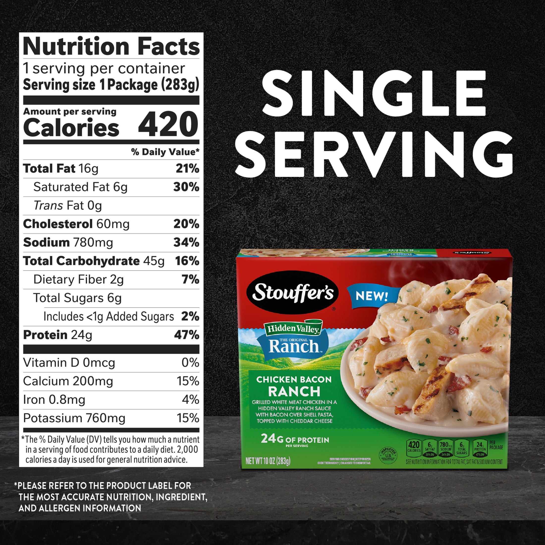 Stouffer’s Hidden Valley Chicken Bacon Ranch Pasta, Single Serve Shells and Cheese, 10 oz., (Frozen)
