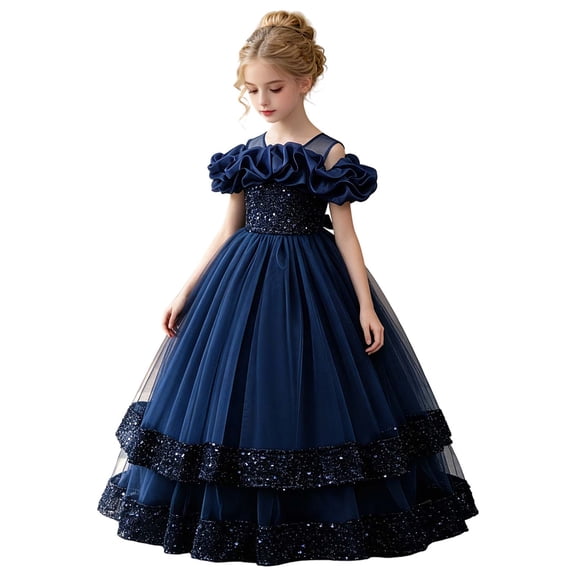 JAJAHO Flower Girl Dress For Wedding Off The Shoulder Sparkly Sequin Mesh Layered Short Sleeve Tutu Party Dress Glitter Maxi Formal Gown For Kids 4-14Y