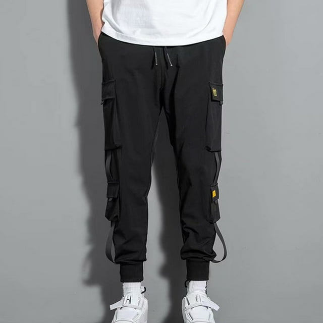 Men's Slim Fit Cargo Pants Elastic Waist Drawstring Casual Jogger Pants Hip-hop Harem Trousers with Multi Pockets