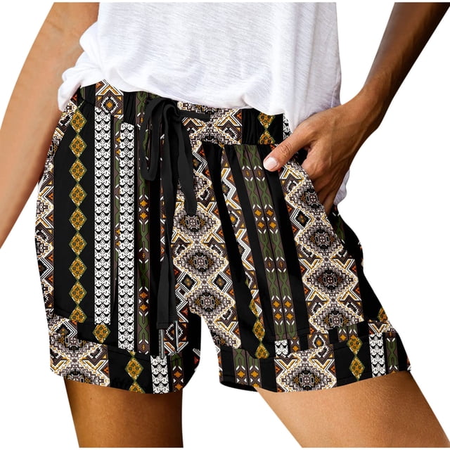 Plus Size Shorts for Women Elastic Waist Drawstring Print Pocket Casual Summer Shorts