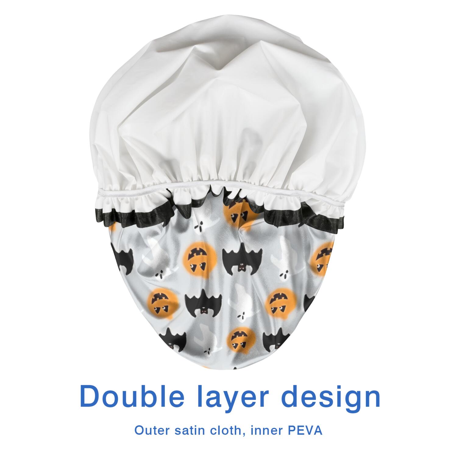 Shower Caps,Halloween Pumpkins Ghosts and Bats Waterproof Shower Cap for Women 4 Pieces,Double Reusable Hair Cover for Shower PEVA Elastic Stretch Hem