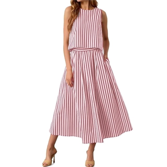 Conjuntos de Falda 2 Piezas para Mujer, Camisetas Sin Mangas A Rayas Verano, Vestido Midi, Vacaciones Juego. Rojo L