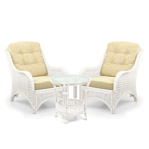Jam Set of 2 ECO Natural Rattan Wicker Chairs wi/Cream Cushions and Round Coffee Table, White Color