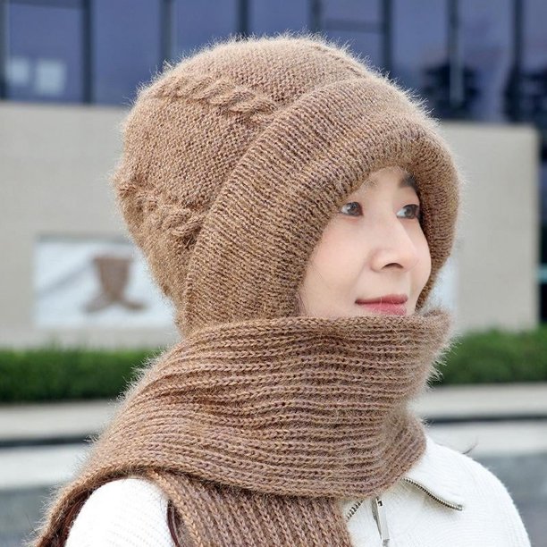 Gorro de otoño e invierno para mujer, forro polar, grueso, resistente al frío, bufanda, gorro integrado, gorro cálido con giro, gorro de lana de punto con punta cerrada