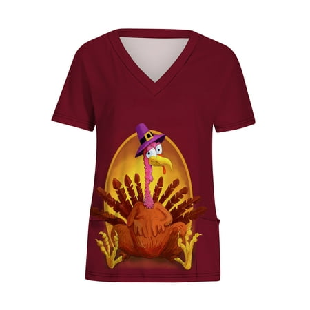 

Odeerbi Thanksgiving Scrub Shirts for Women Short Sleeve V-Neck Turkey Workwear Scrub Tops With Pockets Burgundy
