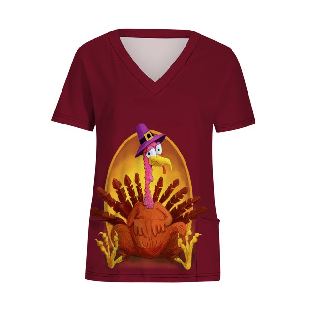 Camisas de Acción de Gracias Para Mujer, Manga Corta, Cuello en V, Ropa de Trabajo de Turquía, Blusa Con Bolsillos Odeerbi ODB203964