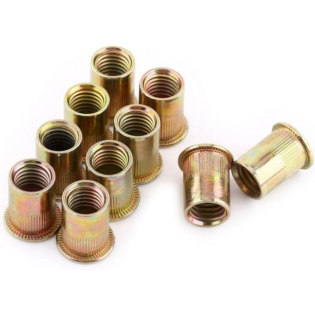 Paquete de tuercas remachables para aplicaciones de diversos materiales, tuerca remachable de acero al carbono de buena resistencia con cuerpo moleteado y acabado galvanizado, instalación