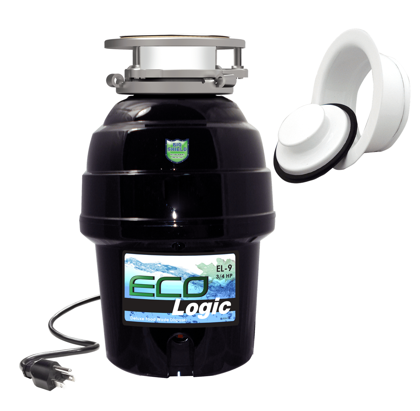 Eco Logic 3/4 HP Garbage Disposal with White Sink Flange, Attached Power Cord and Removable