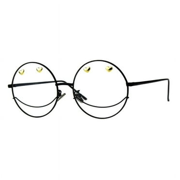 Women's Clear Lens Glasses Round Metal Frame Heart Studs UV400 Black