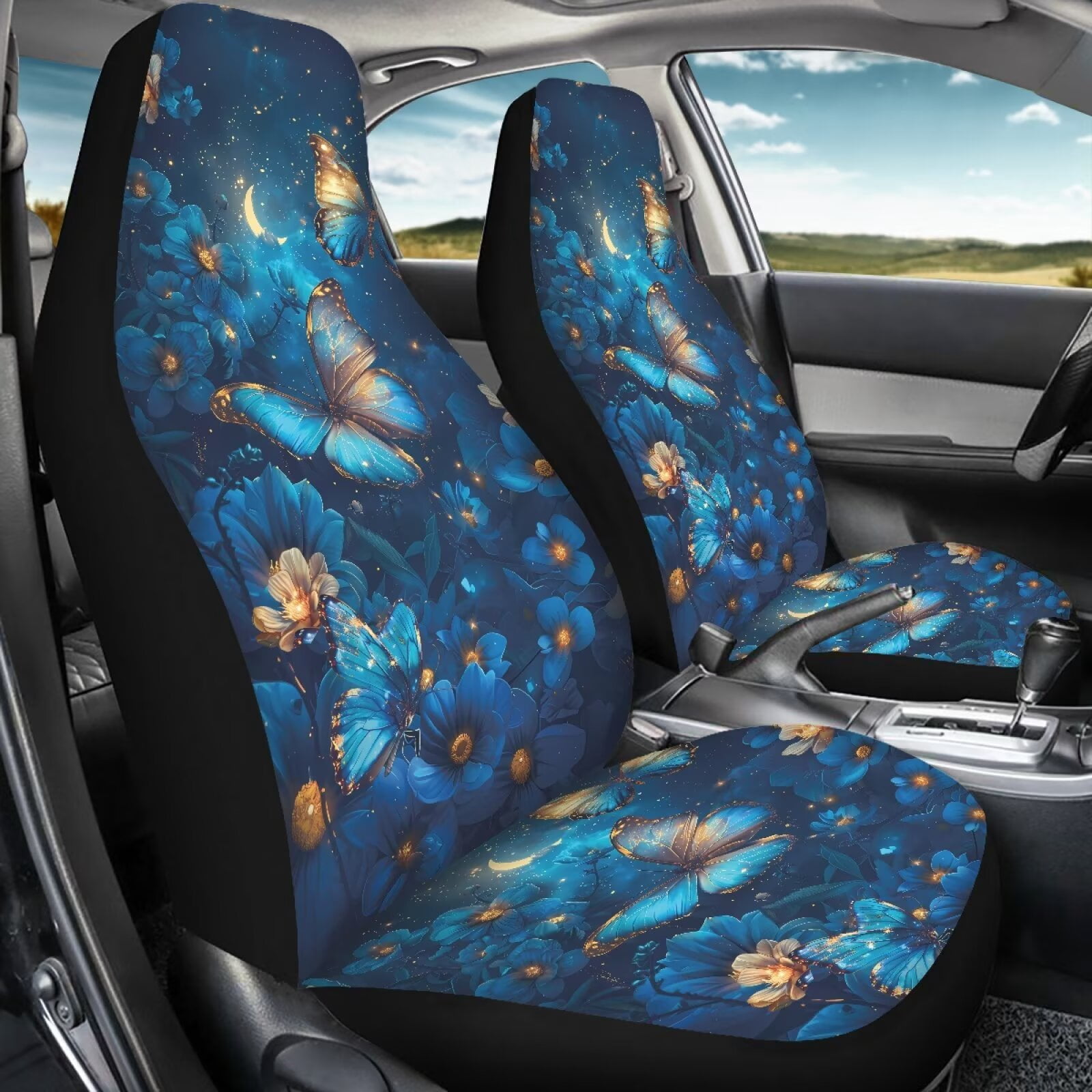 Uorisanigo Waterproof Car Front Seat Covers Stretch Polyester Fabric Cover Blue Butterfly Floral Auto Interior Accessories 2 Pcs Set Universal Front Seat Cover Fit for Most Cars,SUV, Trucks