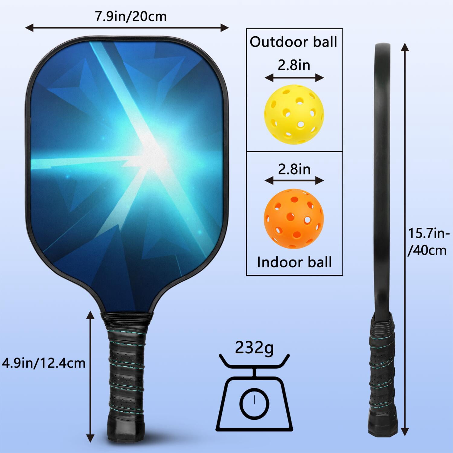Pickleball Paddles Set Of 1, Fiberglass Surface, Speed, Lightning, Thunder Print, 1 Paddle, 2 Balls & Bag