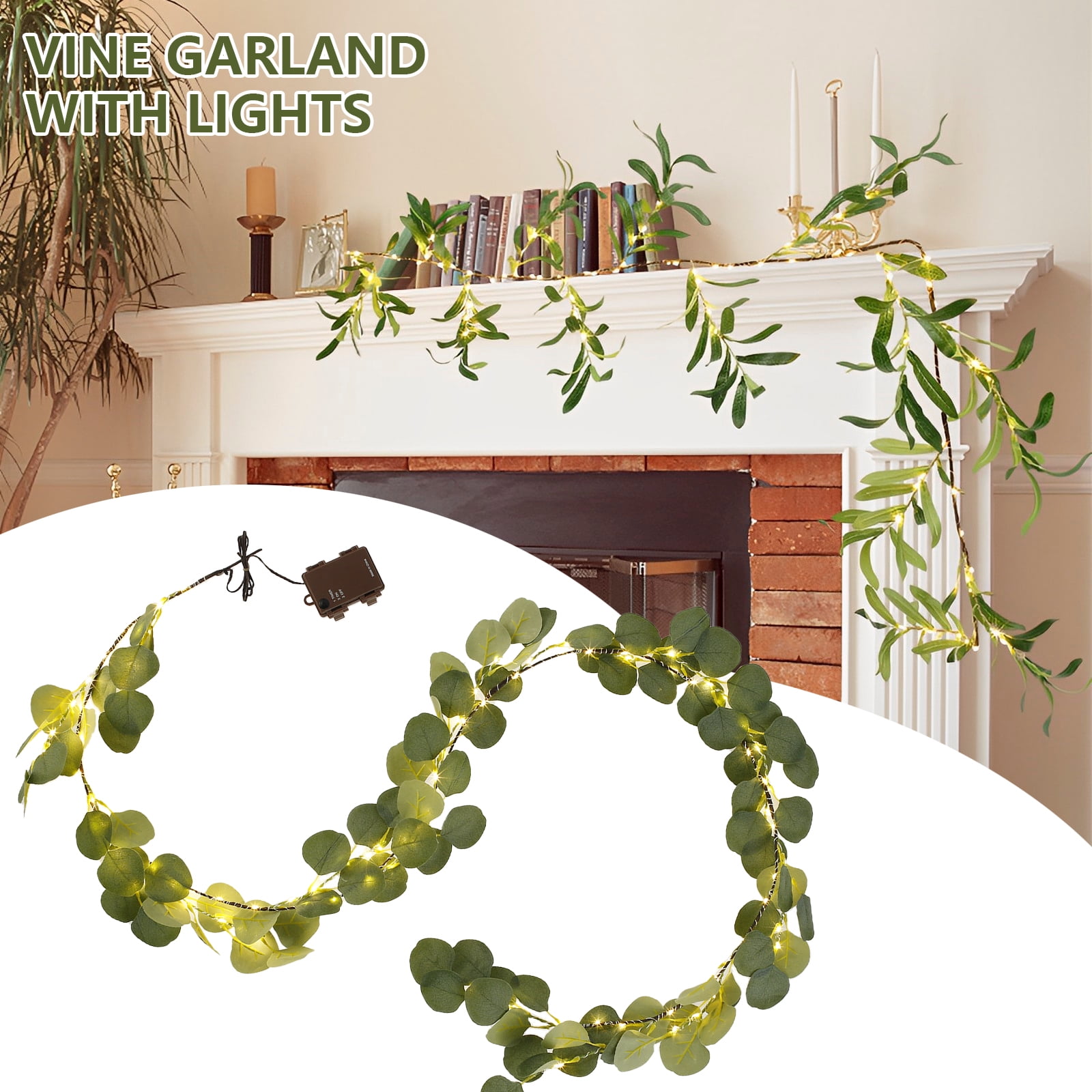 Gpoty 2pcs 5.9ft Artificial Eucalyptus Garland Lighted Olive