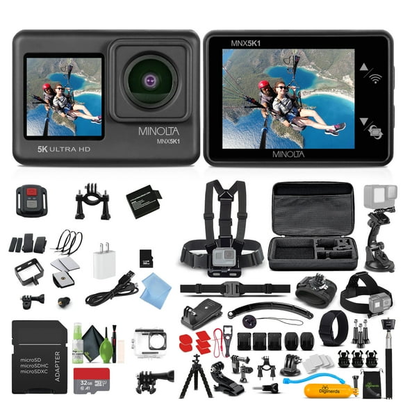 MINOLTA MNX5K1 5K Ultra HD / 24 MP Action Camera Kit + 32GB Memory Card + Cleaning kit + Diginerds 50 in 1 Go Pro Accessory Pack - Black