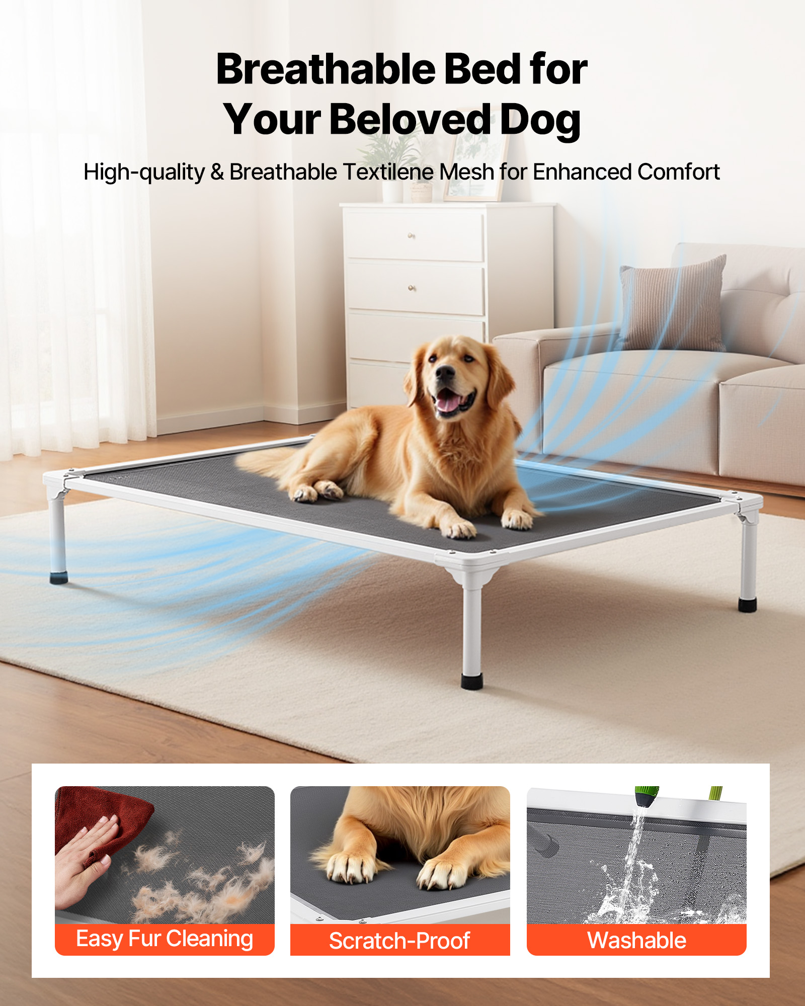 VEVOR Elevated Dog Bed for Large Dogs, Portable Raised Dog Cot with Aluminum Tube Metal Frame and Breathable Textilene Mesh, Indoor & Outdoor Pet Cooling Raised Hammock Bed, XL, Gray
