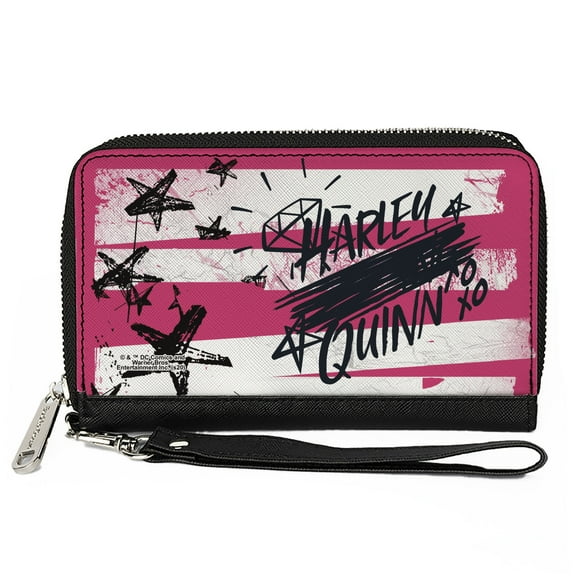 DC Comics Wallet, Zip Around, Birds of Prey Harley Quinn Diamond Stars Pinks White Black, Vegan Leather