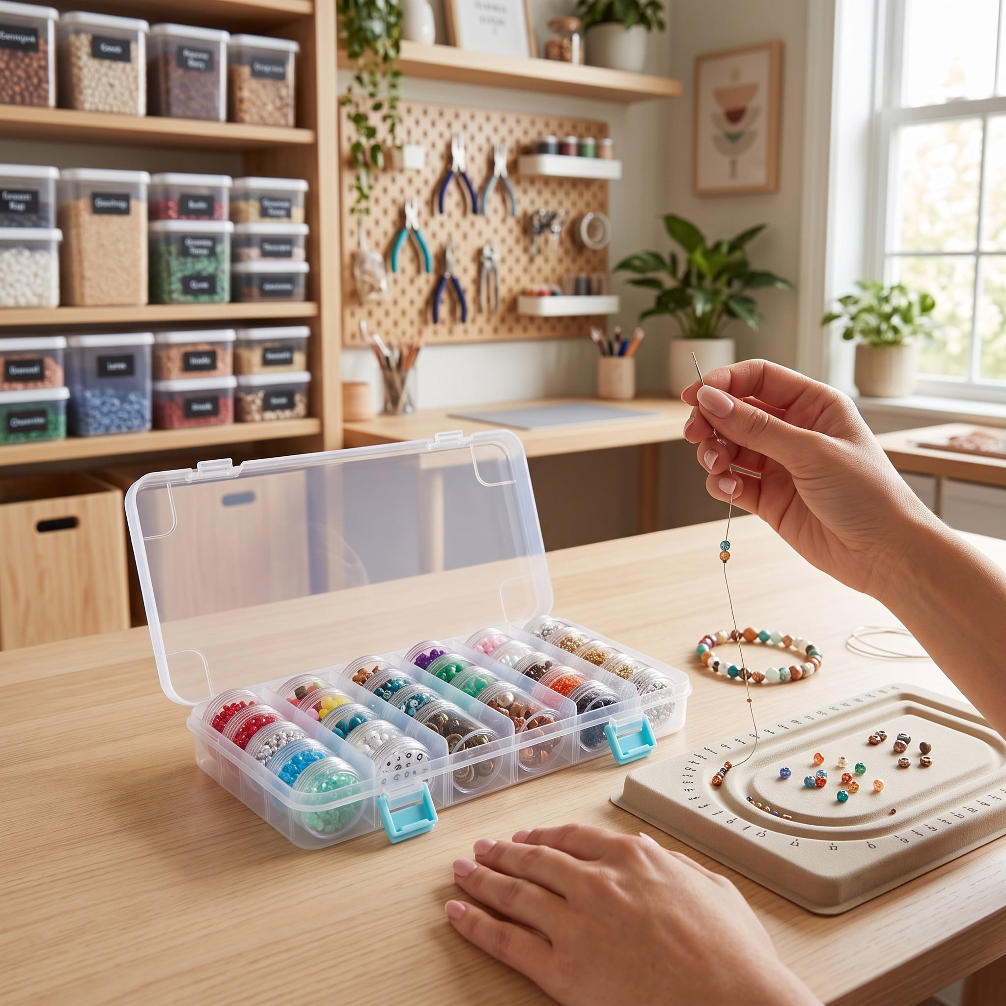 Everything Mary Clear Bead Storage Case with 28 Removable Jars, Plastic Organizer for Beads, Jewelry, Crafts and Small Parts