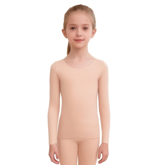 Raenseen Kids Girls Seamless Thermal Underwear Tops Long Sleeve Pullover Top Undershirt Nude XL