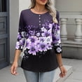 thumbnail image 5 of Women's Graphic Printed T-shirts 3/4 Length Sleeve Tees Crew Neck Spring Fall Summer Tops with Buttons (XL, Purple 01), 5 of 7