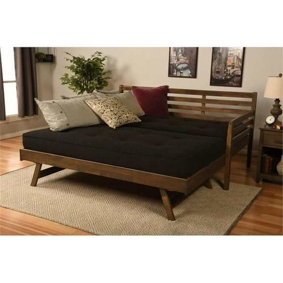 Pemberly Row Boho Wood Daybed/Pop Up Bed in Walnut Brown with Black Mattresses