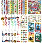 128Pcs Train Party Favors, Train Drinking Straws Reusable Temporary Tattoos Train Keychains Slap Bracelets Stickers Goodie Bags with Stickers for Transportation Birthday Supplies Gifts