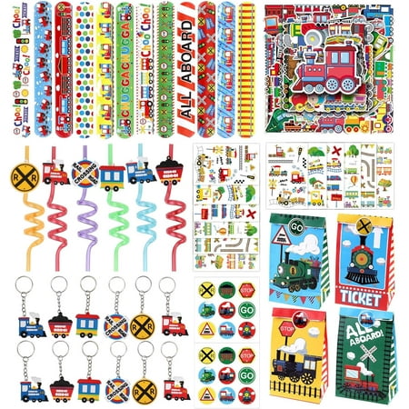 128Pcs Train Party Favors, Train Drinking Straws Reusable Temporary Tattoos Train Keychains Slap Bracelets Stickers Goodie Bags with Stickers for Transportation Birthday Supplies Gifts