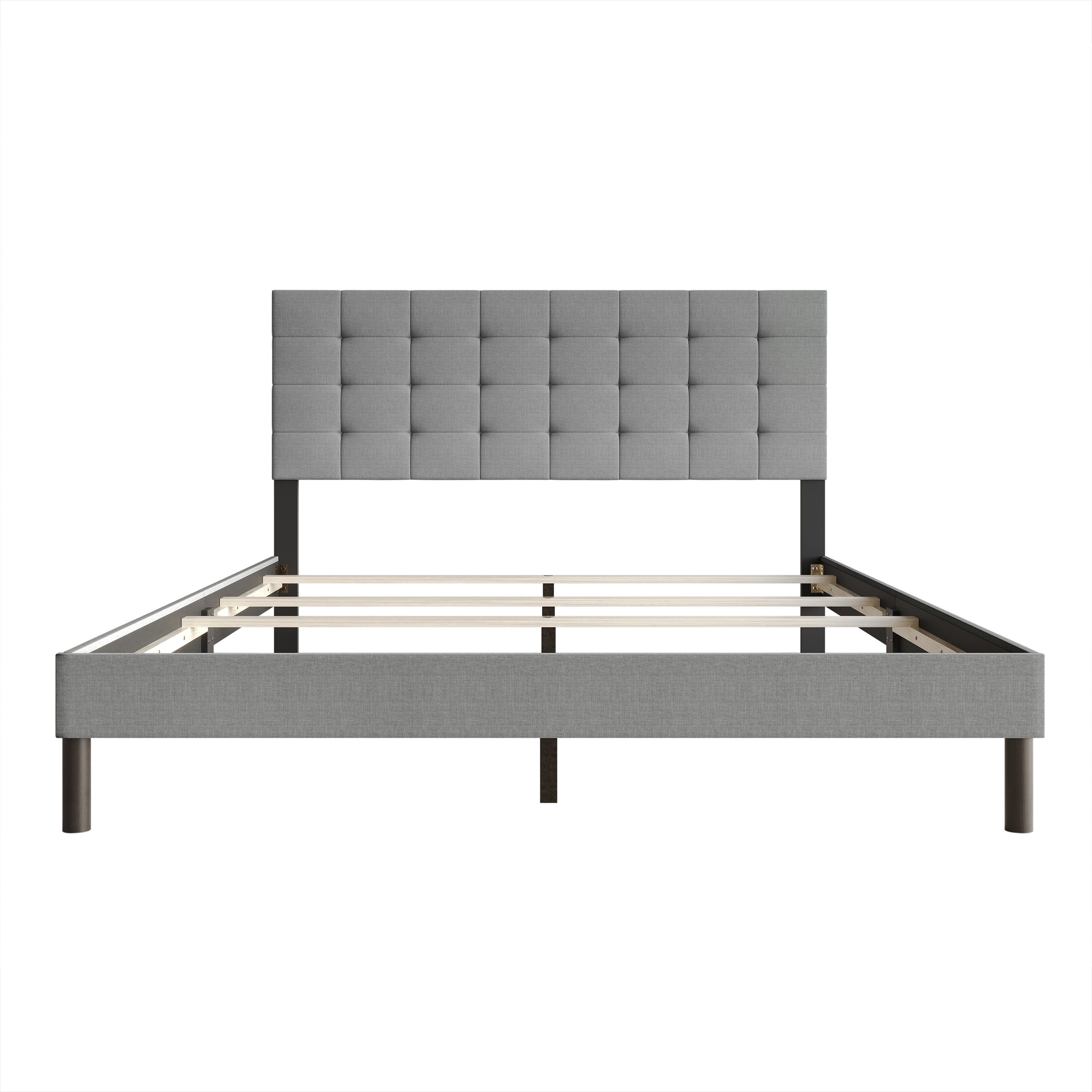 Home Design Haines King Linen Upholstered Panel Bed Frame with Rectangular Tufted Headboard & Sturdy Wooden Legs, Gray, Easy Assembly