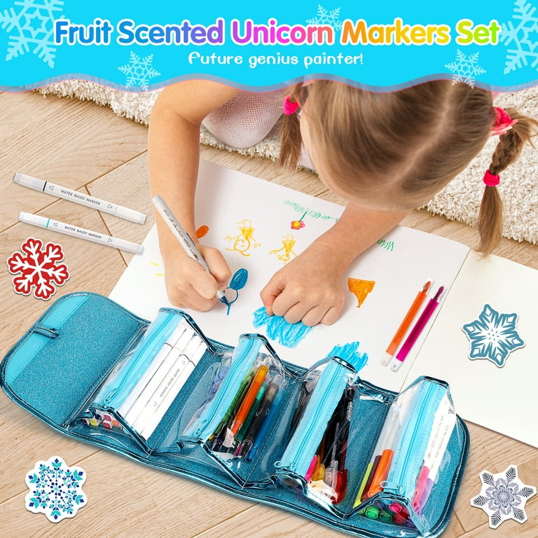 Fruit Scented Markers Set 56 Pcs with Glitter Unicorn Pencil Case &  Stationery, Art Supplies for Kids Ages 4-6-8, Art Coloring Kits Box, Gifts  Toy for