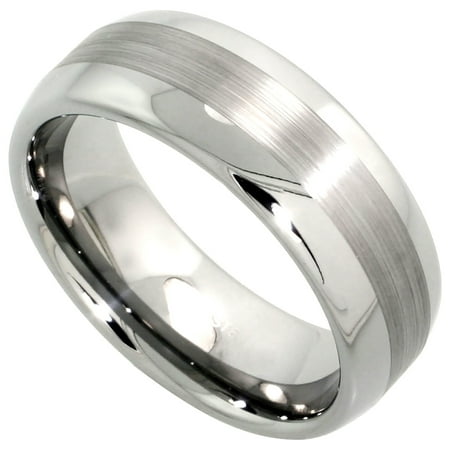 - 8mm Tungsten 900 Wedding Ring Domed Wide Center Stripe Etching Comfort fit, sizes 7 - 14