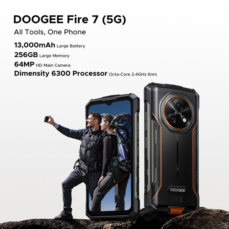 DOOGEE Fire 7 AI 5G Rugged Phone,13000mAh/18W,16GB+256GB/TF 2TB Rugged Smartphone Unloced,6.6"HD+ 90Hz Dimensity 6300,64MP+16MP,IP68/IP69,Nfc/Face ID