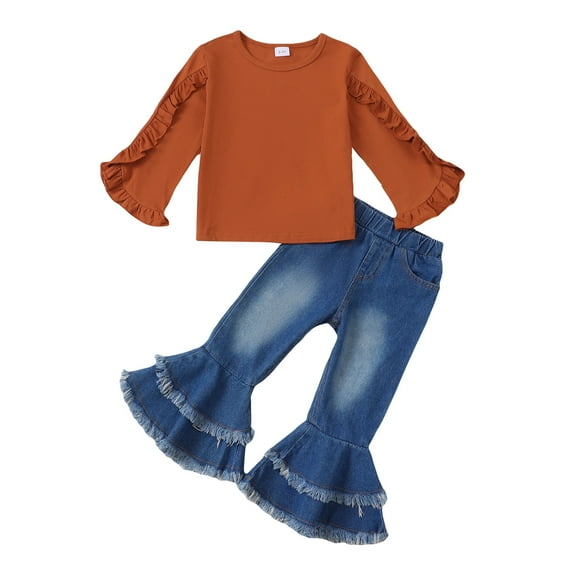 2T Baby Girls Outfits 3T Girls Solid Color Fall Winter Clothes Toddler Girls Long Sleeve Top Jeans Bell-bottomed Pants 2PCS Set Brown