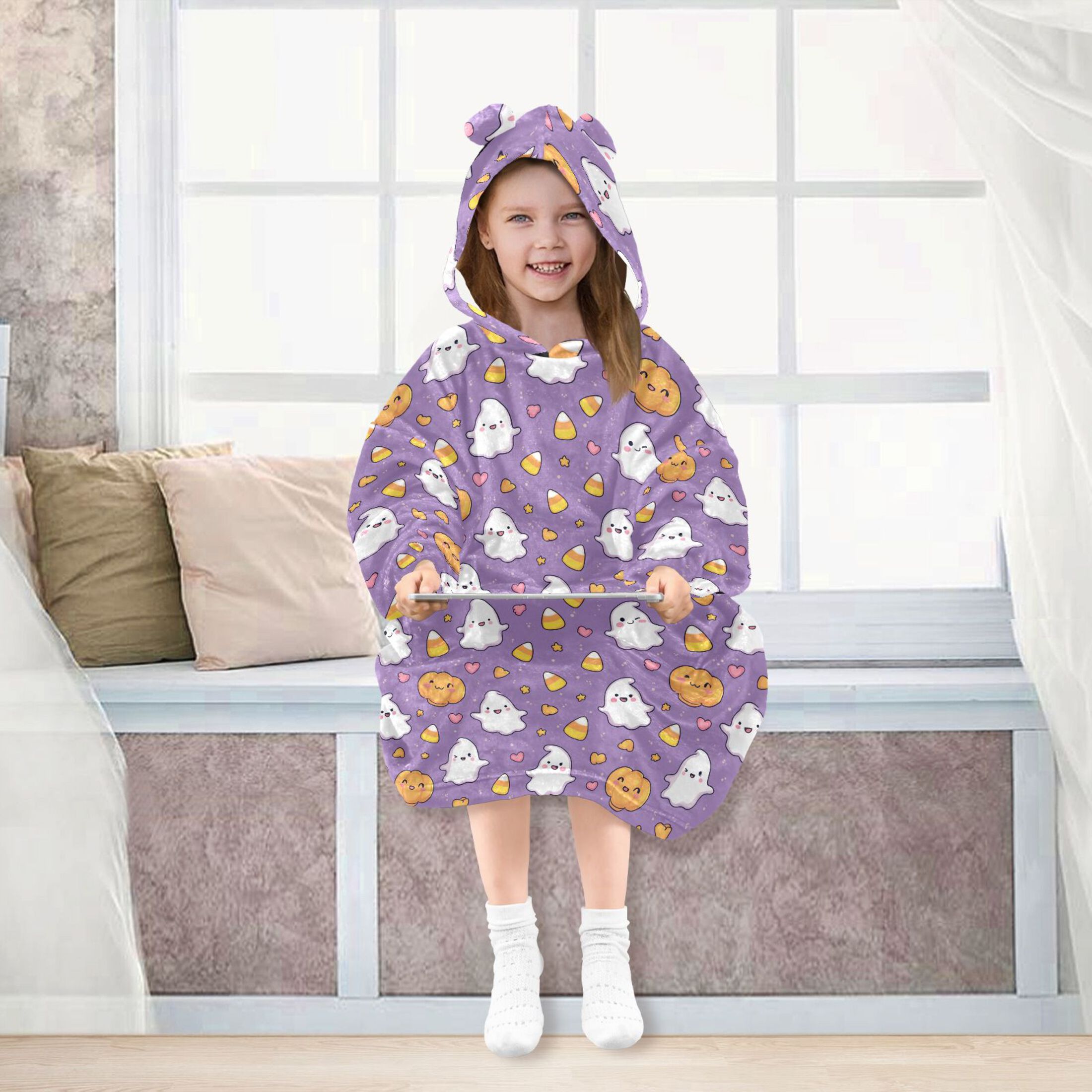 Wearable Blanket Hoodie for Kids Cute Cartoon Pumpkin Ghost Corn Flannel Hooded Blanket with Pockets and Sleeves Suitable for Boys and Girls