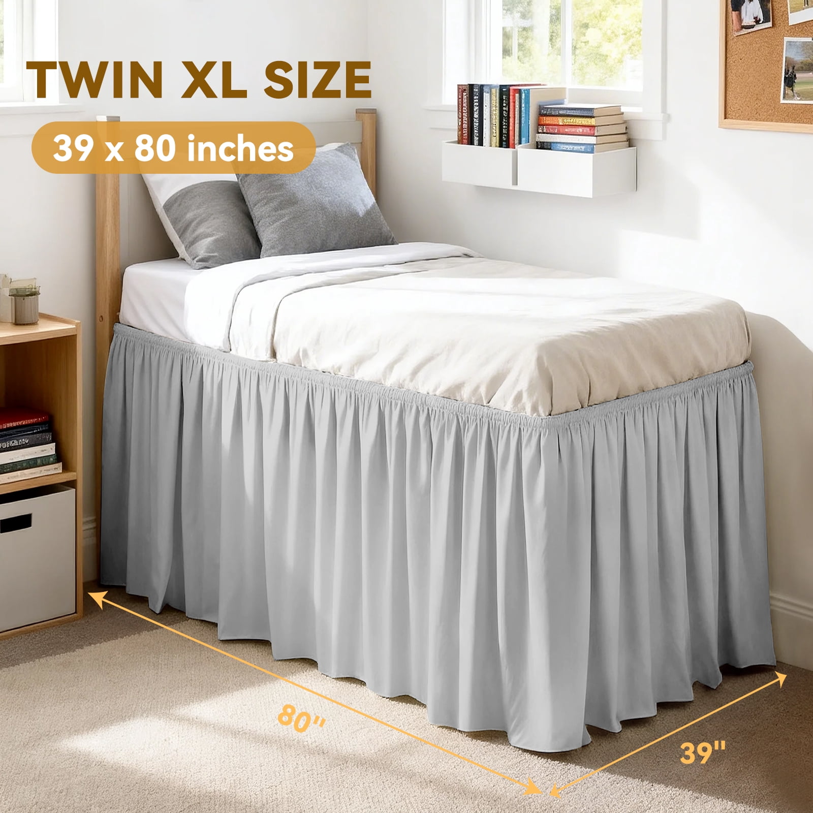 Gray Dorm Bed Skirt, Twin XL Size with 32" Drop, Easy Wrap-Around Elastic Design & Machine Washable Solid Fabric for Bedroom Decor