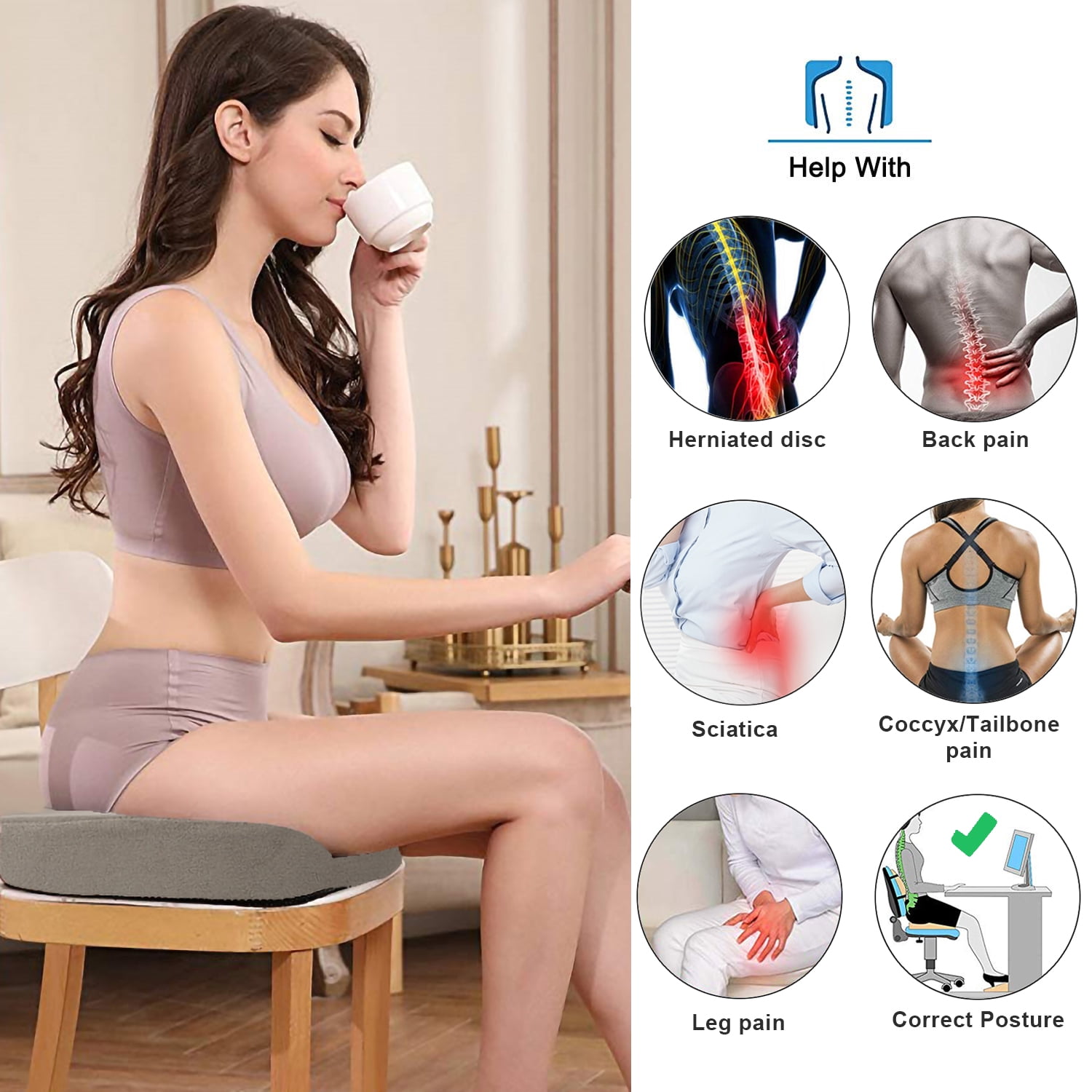 Art3d Gray 18 in. x 14.2 in. Premium Sciatica Back Pain Relief Orthopedic Memory Foam Coccyx Seat Cushion (1-Pack)