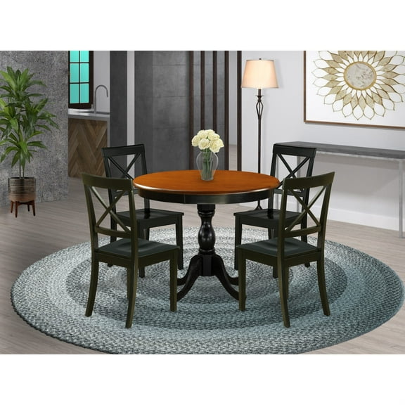 East West Furniture AMBO5-BCH-W 5-Piece Round Table Set Contains a Dinner Table and 4 Dining Room Chairs with X-Back - Black Finish