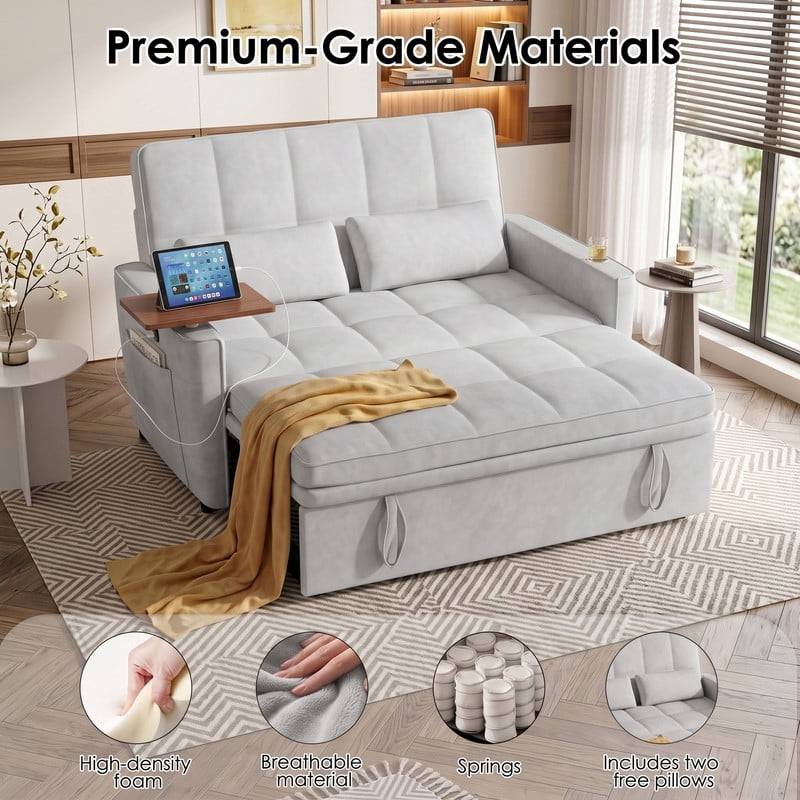 Anpport 3‑in‑1 Convertible Sleeper Sofa Bed, Pull‑Out Sofa with Side Desk, USB Ports, Cup Holders, Storage Armrests & Adjustable Backrest for Living Room Apartment, Light Gray