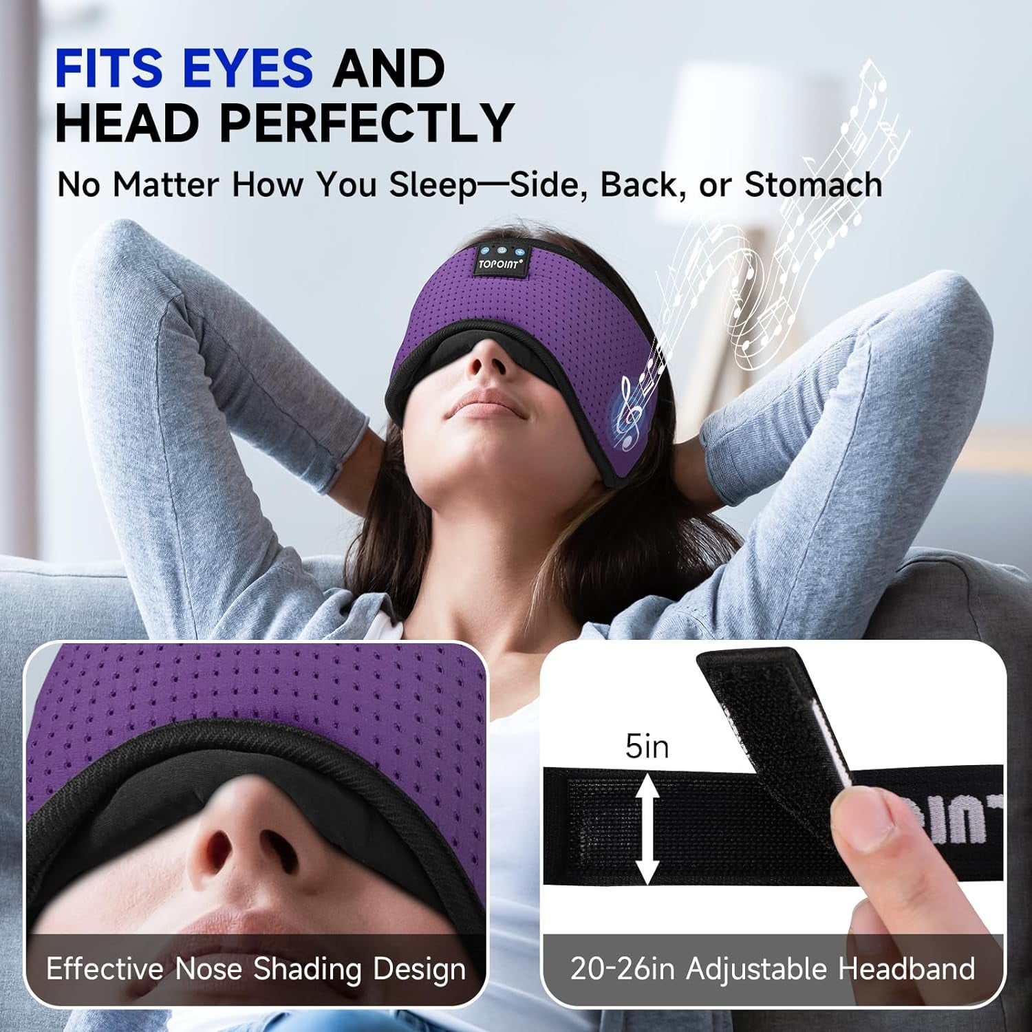 Sleep Mask, Bluetooth Eye Mask Bluetooth, TOPOINT Breathable Cotton Sleep Headphones for Sleeping Side Sleepers Travel Meditation Music Headsets with Microphone Handsfree Men Women, Purple