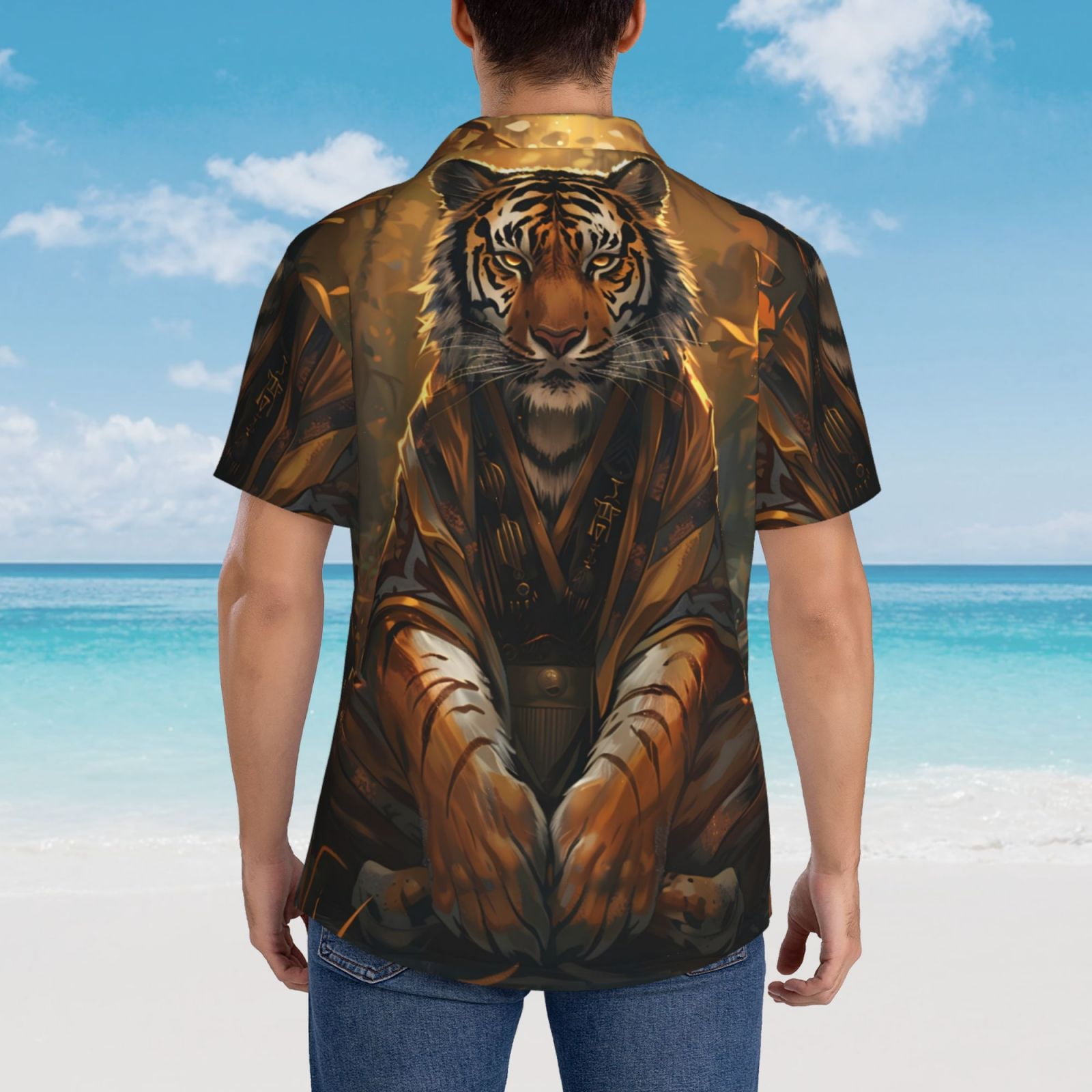 Logiee Tiger In The Fallen Leaf Forest Print Mens Hawaiian Shirts,Loose-Fit Short Sleeve Button Down Tropical Aloha Beach Shirt,Summer Vacation Wedding Tops,Small