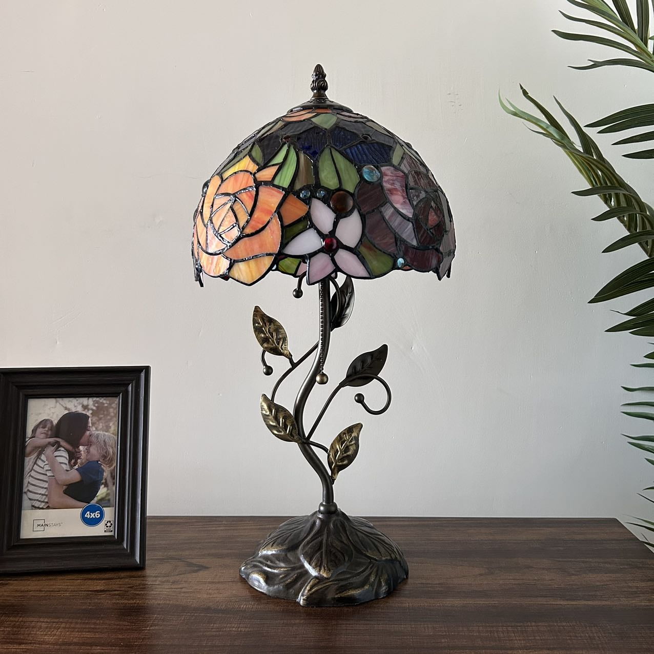 Tiffany Table Lamp Red Orange Blue Stained Glass Rose Flowers LED Bulb Included Iron Metal Leaves Bronze Base for Living Room Dining Room Bedroom Bedside 20"H*10"W