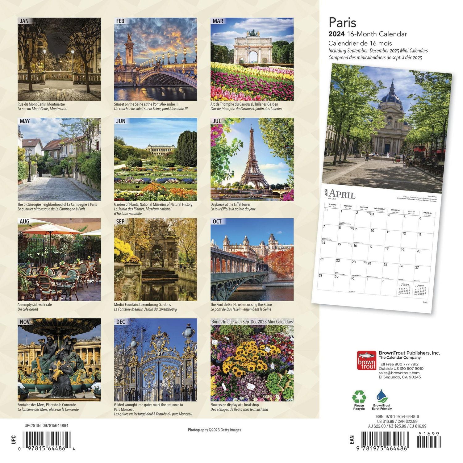 BrownTrout Paris 2024 12x24 Inch Square Wall Calendar, 9781975464486