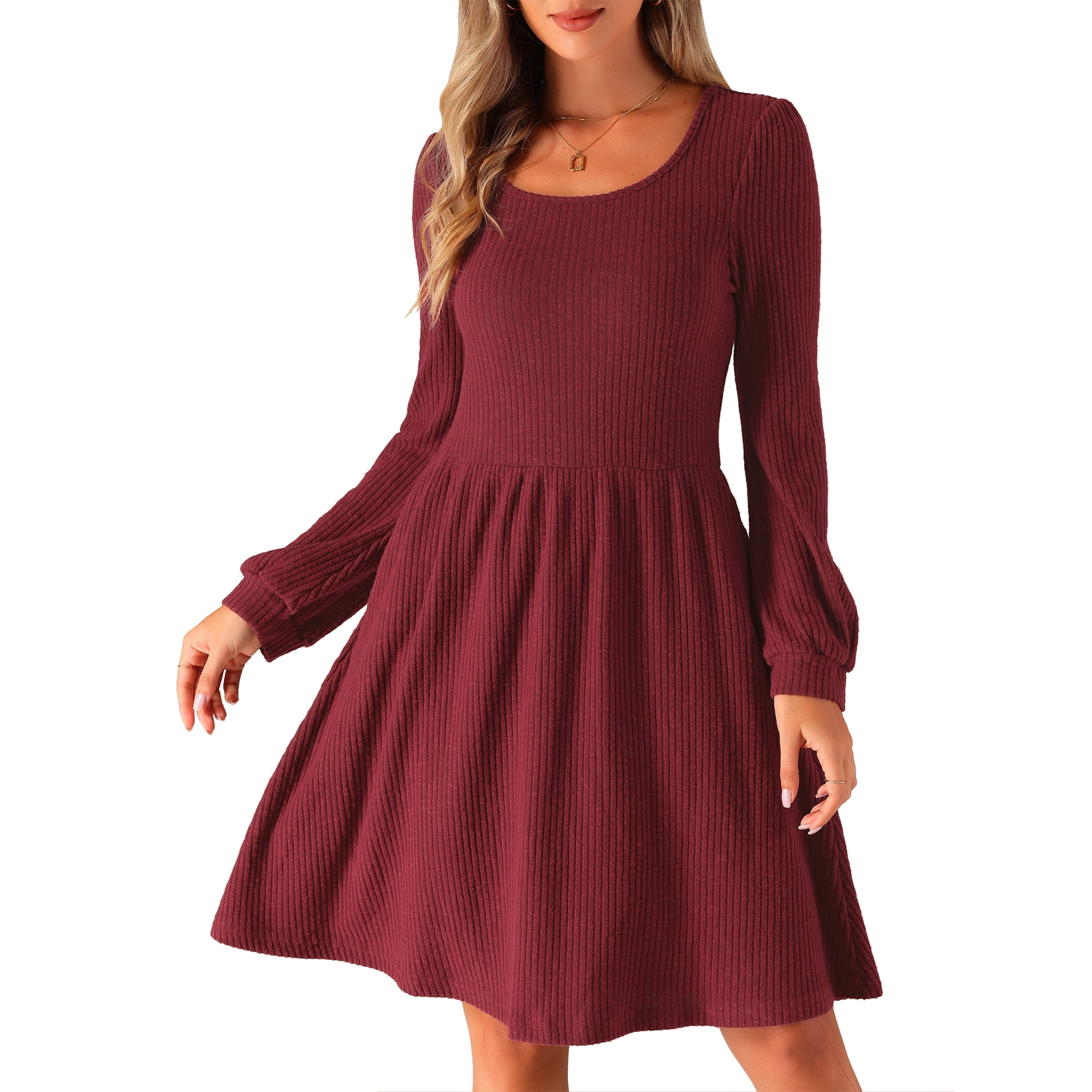 Unique Bargains Sweater Dress for Women s Scoop Neck Pockets Stretchy Puff Long Sleeve Knit Dresses Wine M Walmart