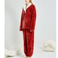 thumbnail image 4 of Women's Fuzzy Fleece Pajama Set Plush Long Sleeve Pants Pjs V Neck Cute Cozy Warm 2 Piece Comfy Baggy Soft Casual Oversized Lounge Set Red X-Large, 4 of 5