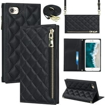 Crossbody Wallet for iPhone SE 2022/SE 2020/8/7 Case with Adjustable Lanyard Strap Card Holder 4.7",PU Leather Zipper Handbag Purse Kickstand Lattice Pattern Case for Women Girl,Black