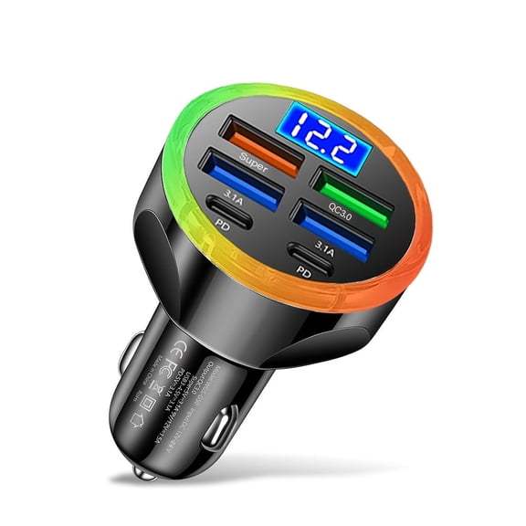 Car Charger 6-Port 120W Super Fast with PD & QC3.0, LED Voltage Display ,   2pcs