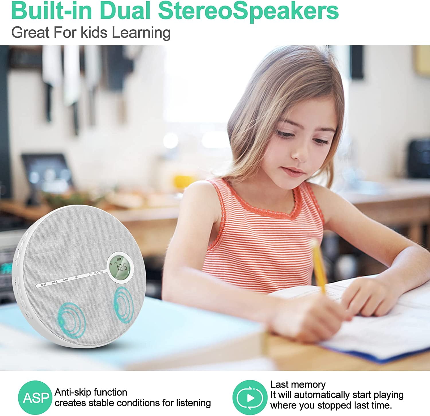 MUSICOZY Portable CD Player with Bluetooth,Fabric anti-Skip CD Player with Headphones & Dual Stereo Speakers,Rechargeable a-b Repeat Player CD Speaker for Home/Travel,Support CD MP3 USB AUX Input