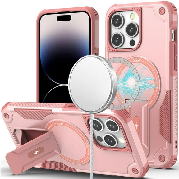 Designed for Apple iPhone 14 /6.1" Magnetic Invisible Kickstand Holder with Magsafe, Slim Fit Shockproof Hybrid Military Grade Heavy Duty Phone Case Cover [Pink]