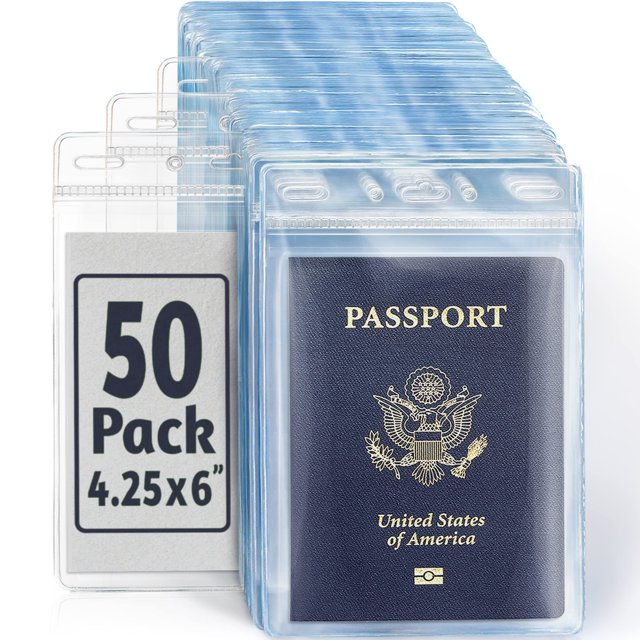 EcoEarth Passport & Identification Card Holders with Soft Edge (Clear, 4x6 Inch, 50 Pack), Extra Large Vertical ID Holder, Zipperless Plastic Name Badge Holders